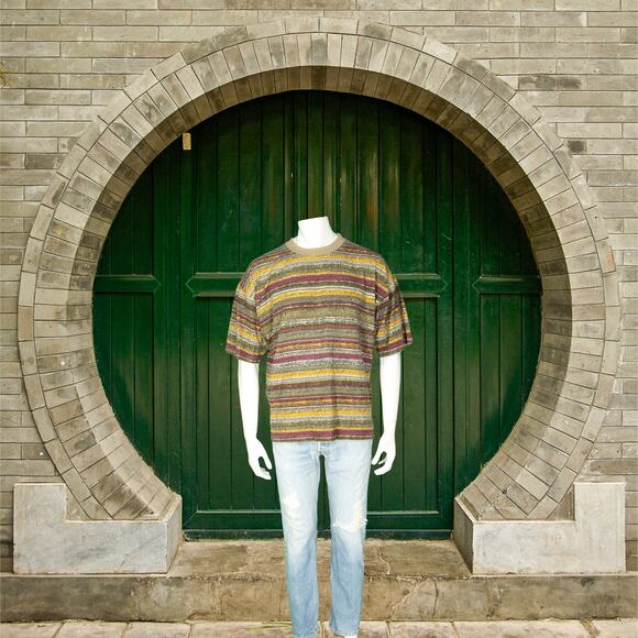 Vintage OP Ocean Pacific Striped Surf Skate Dogtown Aztec Geometric T Shirt L